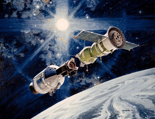 An artist’s rendering of the docking of the two spacecraft on the Apollo-Soyuz mission, 1973. NASA/Wikimedia Commons